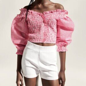 Zara Red & White Stretchy Gingham Top Size L NWT